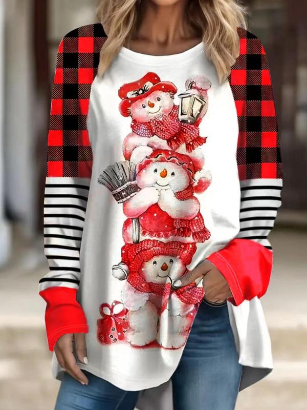  Plaid & Striped & Snowman Print Raglan Sleeve Tee, Casual Long Sleeve Round Neck T-shirt for Daily Wear, Women Clothing for All Seasons