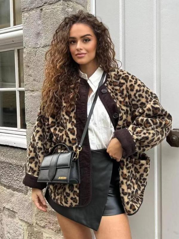 Women's Leopard Print Button Front Pocket Fuzzy Jacket, Casual Long Sleeve Outerwear for Fall & Winter, Ladies Clothes for Daily Wear