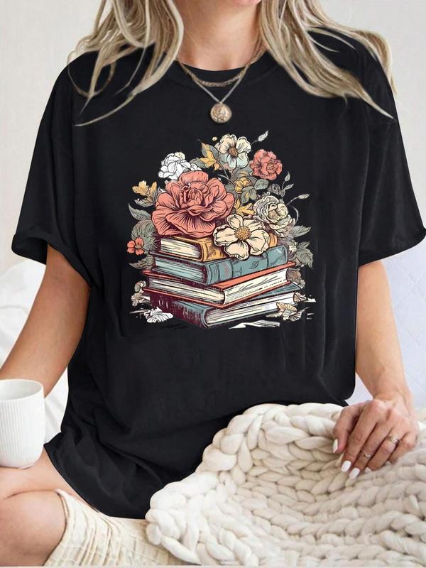 Women's Cartoon Floral & Books Print Round Neck Tee, Fashion Casual Short Sleeve T-shirt, Ladies Summer Clothes for Daily Wear