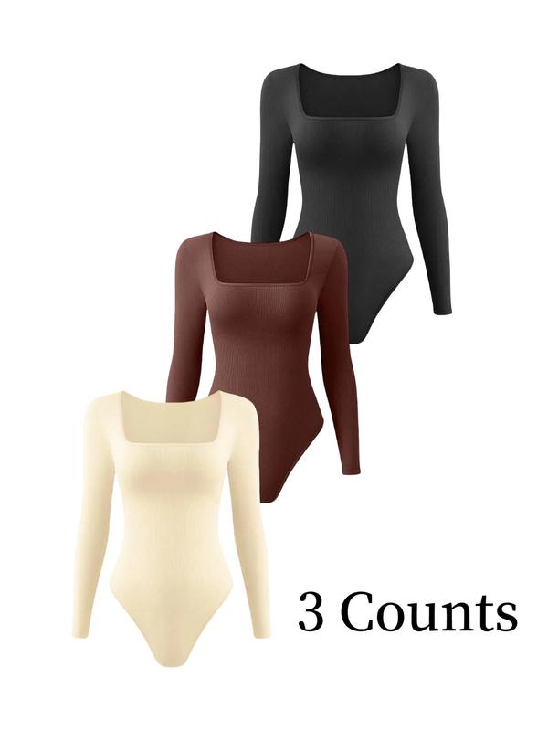 Women's Solid Square Neck Long Sleeve Shapewear Bodysuit, Casual Comfy Tummy Control Shaper for Daily Wear, Ladies Shapewear for All Seasons Longsleeves