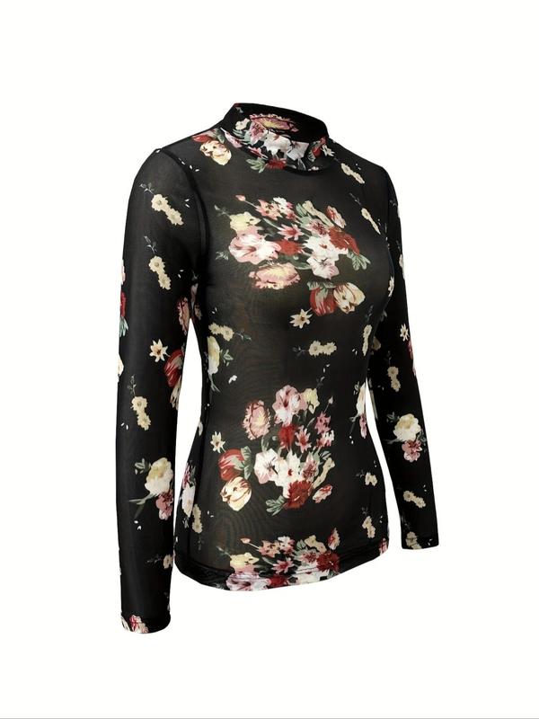 Women's Sexy Floral Print Tight Sheer Mesh Tee, Casual Mock Neck Long Sleeve T-shirt for Spring & Fall, Women's Clothes for Daily Wear