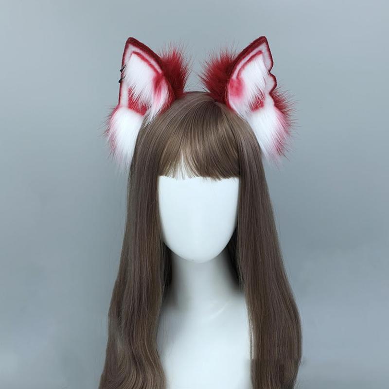 Fox Wolf Cat Ears and Tail Set Wine Red Furry Ears Headband with Tail Animals Ears Tail for Cosplay Costume