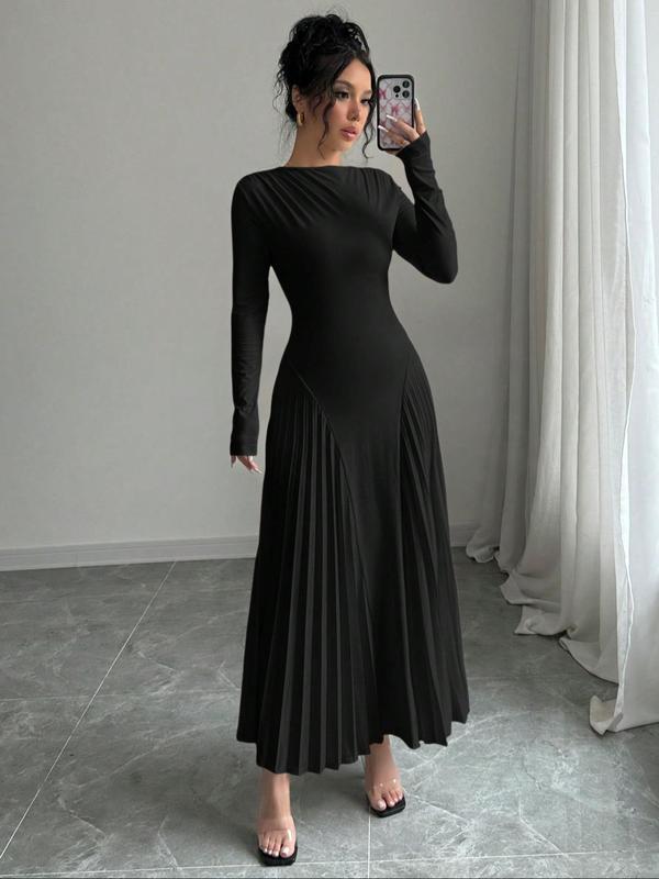 Women's Plain Ruched Pleated A Line Dress, Elegant Long Sleeve Boat Neck Long Dress for Party Holiday Wedding Guest, Ladies Fall & Winter Clothes