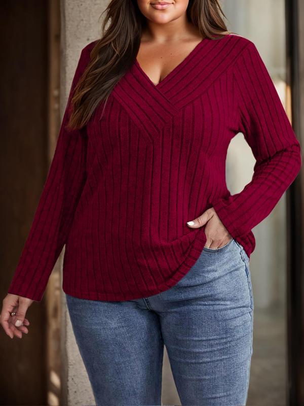 Plus Size Solid V Neck Ribbed Sweater Pullover, Casual Long Sleeve Jumper for Fall & Winter, Women's Plus Clothing for Daily Wear