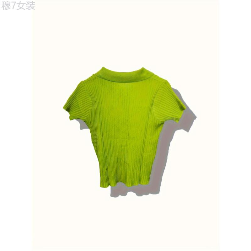 Ribbed Polo Collar Button Front T-Shirt, Casual Short Sleeve Top For Spring & Summer, Women's Clothing Fabric Womenswear