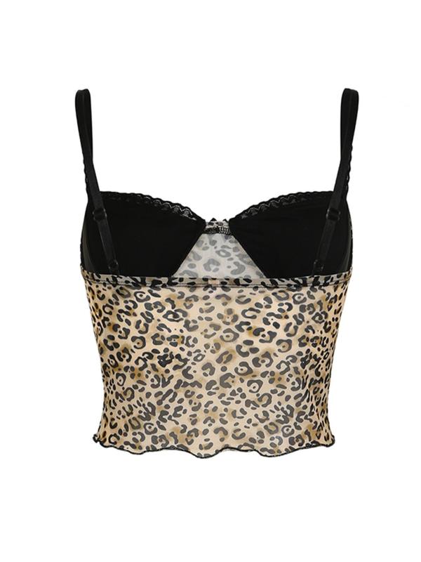 Women's Leopard Print Contrast Lace Vintage Crop Cami Top, Fashion Lettuce Trim Bow Front Camisole, Summer Clothes Top for Daily Wear