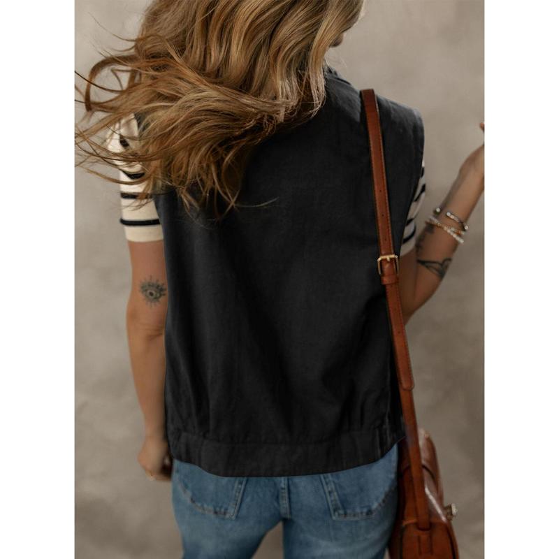 Dokotoo Womens Vests Outerwear Button-Down Lapel Collar Elastic Hem Lightweight Spring Waistcoat Sleeveless Jacket Cargo Vest