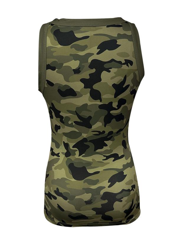 Women's Camo Print Contrast Binding Tank Top, Casual Round Neck Sleeveless Top for Summer, Ladies Clothes for Daily Wear