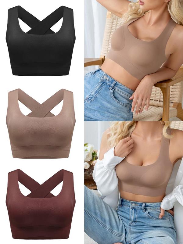 Women's Solid Criss Cross Backless Bralette, Casual Comfortable Breathable Wireless Bra, Lingerie for All Seasons