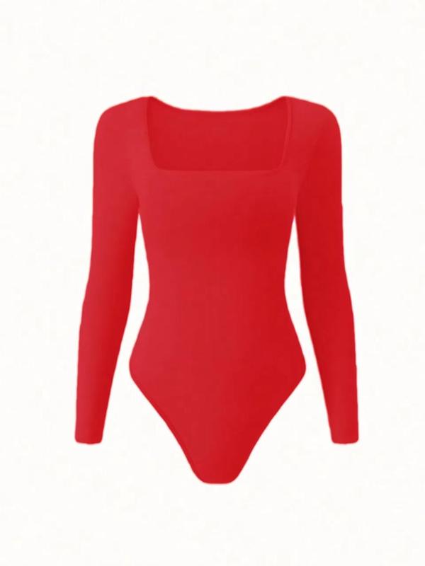 Women's Solid Square Neck Long Sleeve Shapewear Bodysuit, Casual Comfy Tummy Control Shaper for Daily Wear, Ladies Shapewear for All Seasons Longsleeves