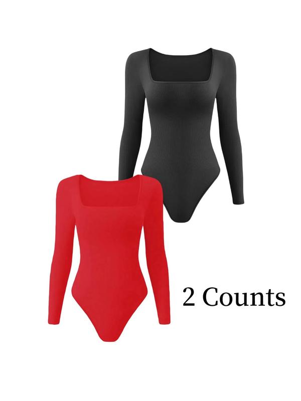 Women's Solid Square Neck Long Sleeve Shapewear Bodysuit, Casual Comfy Tummy Control Shaper for Daily Wear, Ladies Shapewear for All Seasons Longsleeves