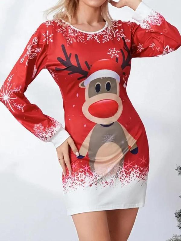 Women's Christmas Reindeer Print Long Sleeve Bodycon Dress, Casual Round Neck Short Dress for Party Holiday, Ladies Clothes for All Seasons