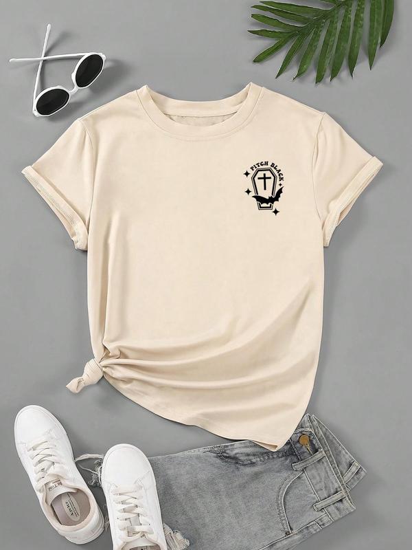 Women's Letter & Bat Print Round Neck Tee, Casual Short Sleeve Crew Neck T-shirt for Summer, Fashion Women's Top for Daily Wear