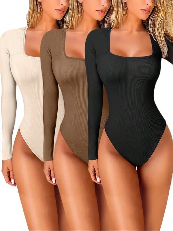 Women's Solid Long Sleeve Square Neck Bodysuit, Casual Comfy Ribbed Bodysuit for Fall & Winter, Ladies Clothes for Daily Wear