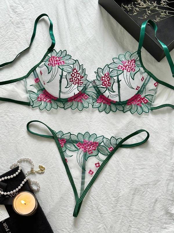 Women's Floral Embroidery Sexy Lingerie Set, Adjustable Spaghetti Strap Bra & Sheer Thong Two-piece Lingerie Wear Set, Lingerie & Underwear Set for All Seasons,  Sleepwear, Nightwear, Sexy Lingeries