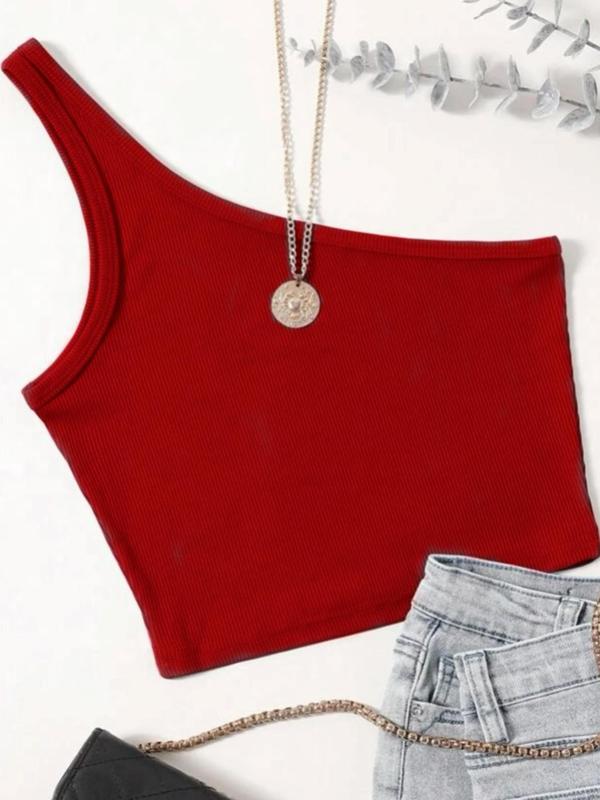 Women's Plain One Shoulder Crop Tank Top without Necklace, Summer Clothes Women, Casual Solid Color Sleeveless Ribbed Top for Summer, Women's Clothing for Daily Wear, Summer Outfits 2024