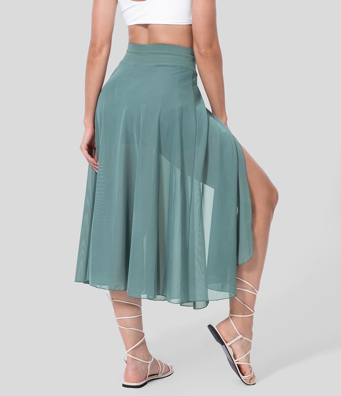 Halara High Waisted Drawstring Contrast Mesh 2-in-1 Side Pocket Flowy Midi Flare Casual Skirt