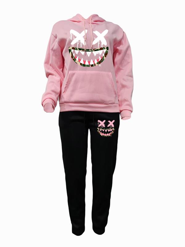 Two-Piece Set Women's Cartoon Expression Print Hoodie & Sweatpants Set, Two Piece Set Women, Casual Long Sleeve Hooded Sweatshirt & Drawstring Waist Pants, Ladies Spring & Fall Clothes