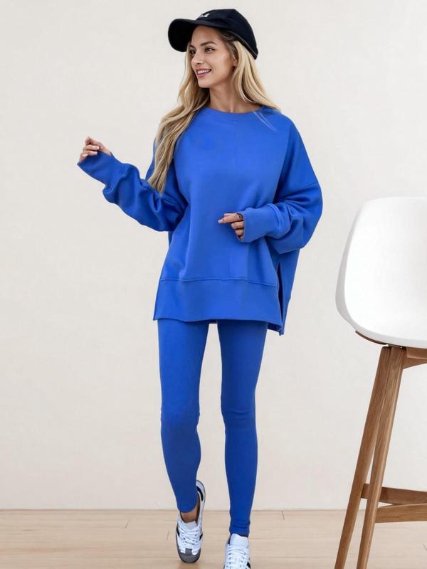 Two-piece Set Women's Solid Drop Shoulder Split Top & Elastic Waist Pants Pyjama Set, Lounge Sets, Casual Comfy Long Sleeve Round Neck Top & Trousers Pj Set, Women's Sleepwear for Fall