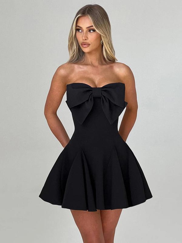 Women's Bow Decor Backless Tube Dress, Fashion Casual Strapless Fit and Flare Dress for Daily Outdoor Wear, Women Dress for Spring Fall