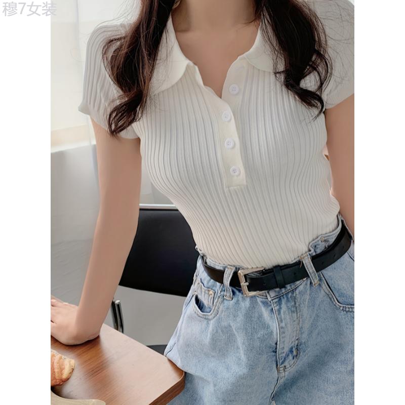 Ribbed Polo Collar Button Front T-Shirt, Casual Short Sleeve Top For Spring & Summer, Women's Clothing Fabric Womenswear