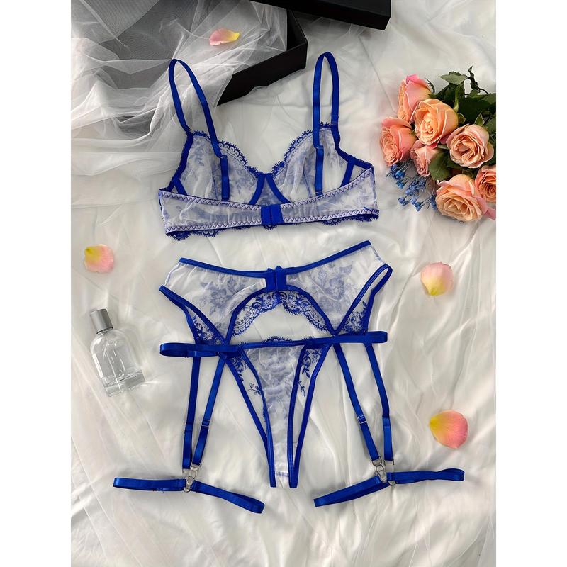 Floral Embroidery Bow Semi Sheer Lingerie Set, Intimates Bra & Thong & Garter Belt, Women's Sexy Lingerie & Underwear thong Fabric Womenswear Print Comfort Polyester Mesh Spaghetti Strap