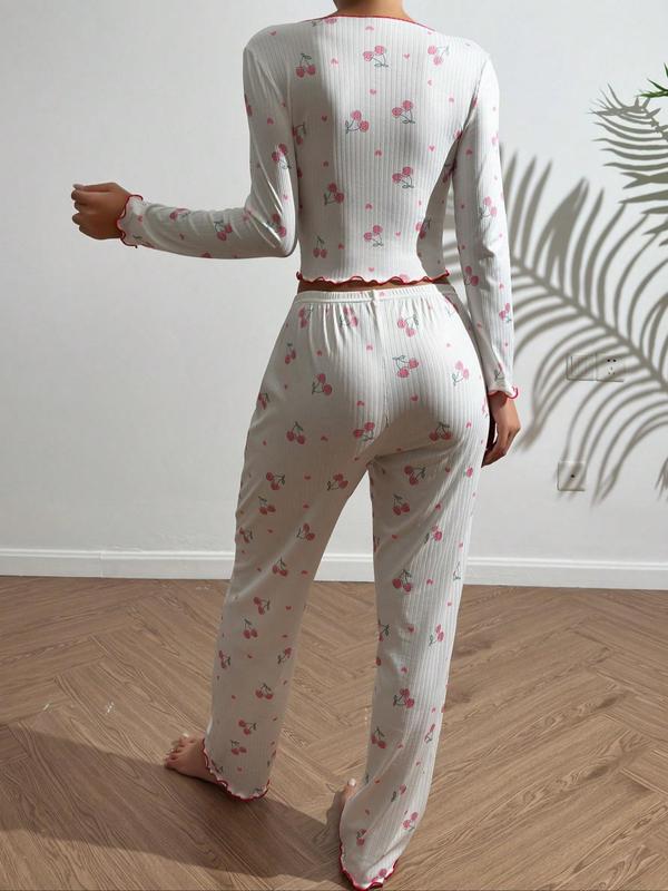 2 Piece Set Women's Cherry Print Lettuce Trim Pyjama Set, Collar V Neck Button Decor Crop Top & Bow Front Pants Pj Sets for Women, Comfy Sleepwear Set for Spring & Fall