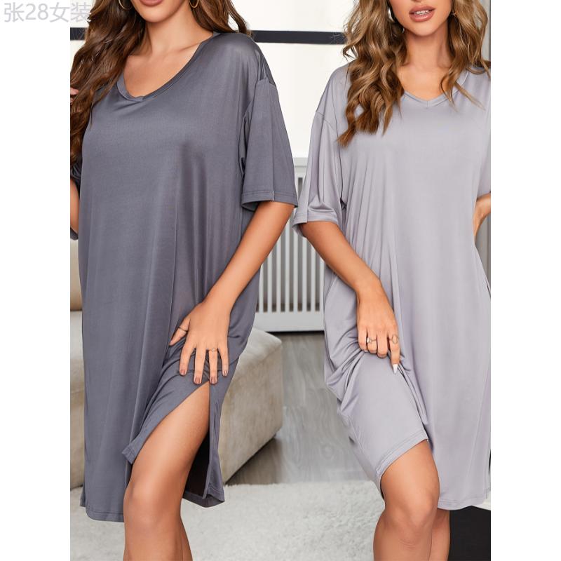 2 Pcs Women's V-Neck Sleepwear Dresses - Casual Style Nightgowns Loungewear, Soft Comfortable Nightshirts Fabric Spandex