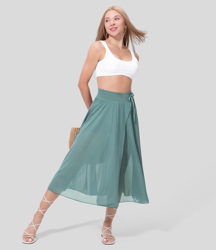 Halara High Waisted Drawstring Contrast Mesh 2-in-1 Side Pocket Flowy Midi Flare Casual Skirt