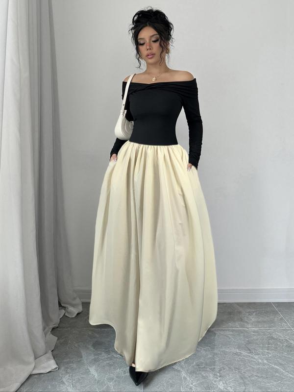 Women's Plain Off Shoulder Pocket Skirt, Elegant Solid Color Long Sleeve Skirt for Party Holiday Wedding Guest, Ladies Fall & Winter Clothes