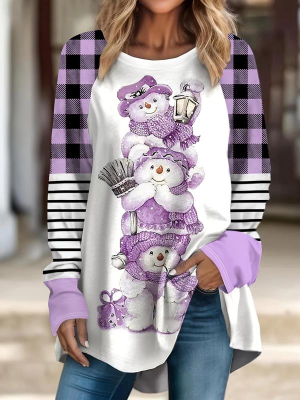  Plaid & Striped & Snowman Print Raglan Sleeve Tee, Casual Long Sleeve Round Neck T-shirt for Daily Wear, Women Clothing for All Seasons