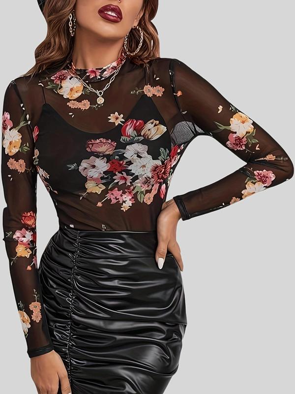 Women's Sexy Floral Print Tight Sheer Mesh Tee, Casual Mock Neck Long Sleeve T-shirt for Spring & Fall, Women's Clothes for Daily Wear