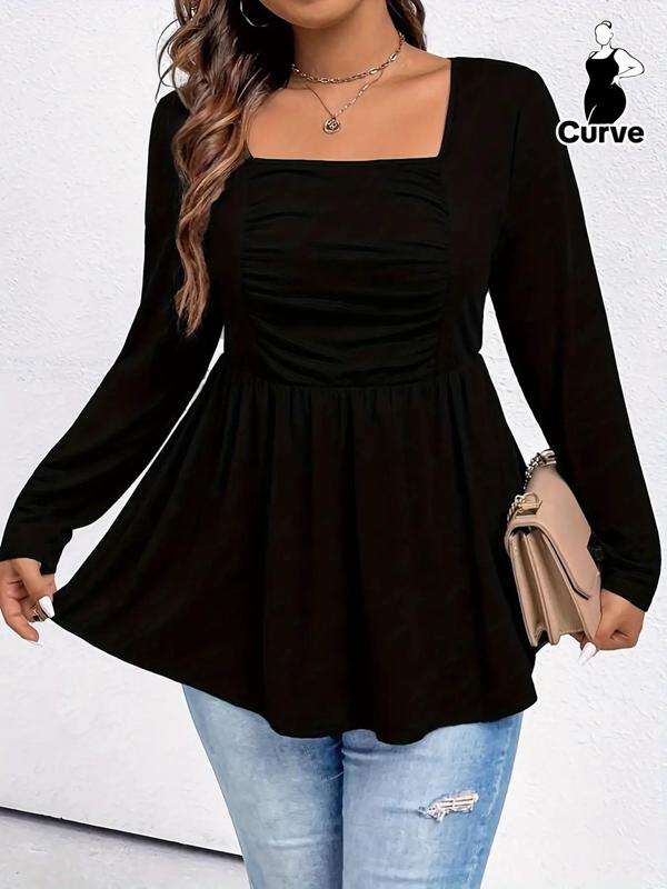 Plus Size Solid Ruched Peplum Tee, Casual Elegant Square Neck Long Sleeve T-shirt for Spring & Fall, T Shirts for Women, Women's Plus Clothing for Daily Wear