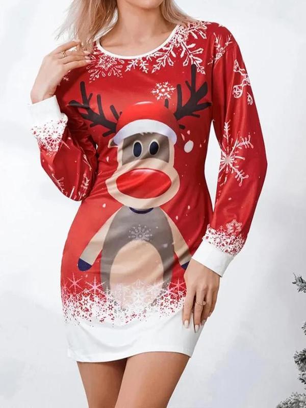 Women's Christmas Reindeer Print Long Sleeve Bodycon Dress, Casual Round Neck Short Dress for Party Holiday, Ladies Clothes for All Seasons