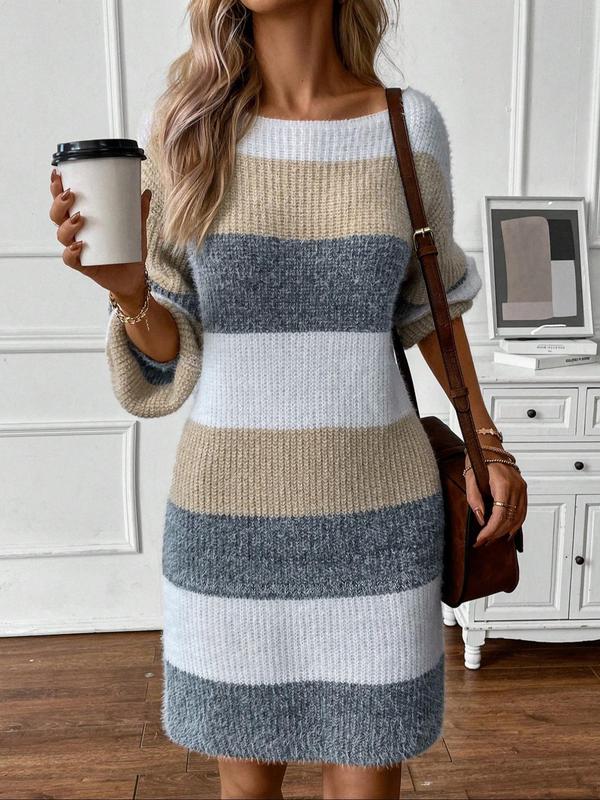 Women's Colorblock Striped Print Drop Shoulder Sweater Dress, Elegant Fashion Casual Long Sleeve Round Neck Knit Dress for Daily Outdoor Wear, Women Crewneck Knitwear for Fall & Winter