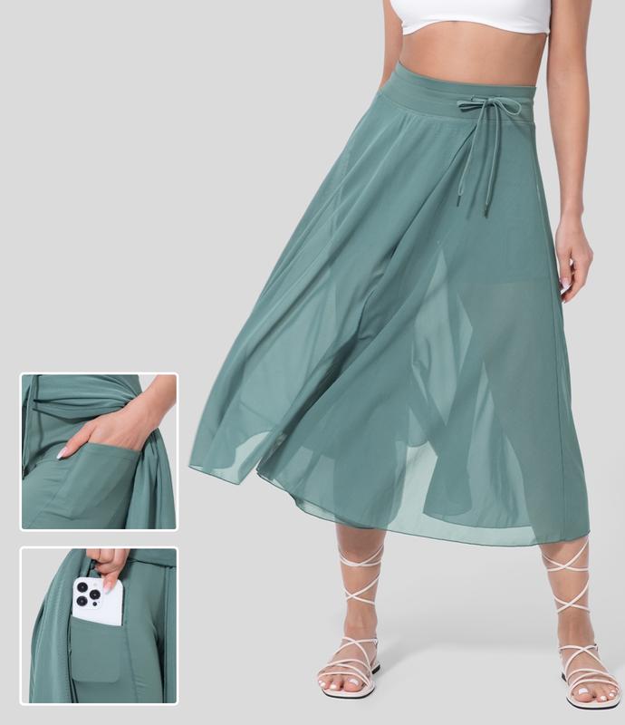 Halara High Waisted Drawstring Contrast Mesh 2-in-1 Side Pocket Flowy Midi Flare Casual Skirt