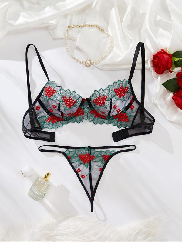 Women's Floral Embroidery Sexy Lingerie Set, Adjustable Spaghetti Strap Bra & Sheer Thong Two-piece Lingerie Wear Set, Lingerie & Underwear Set for All Seasons,  Sleepwear, Nightwear, Sexy Lingeries