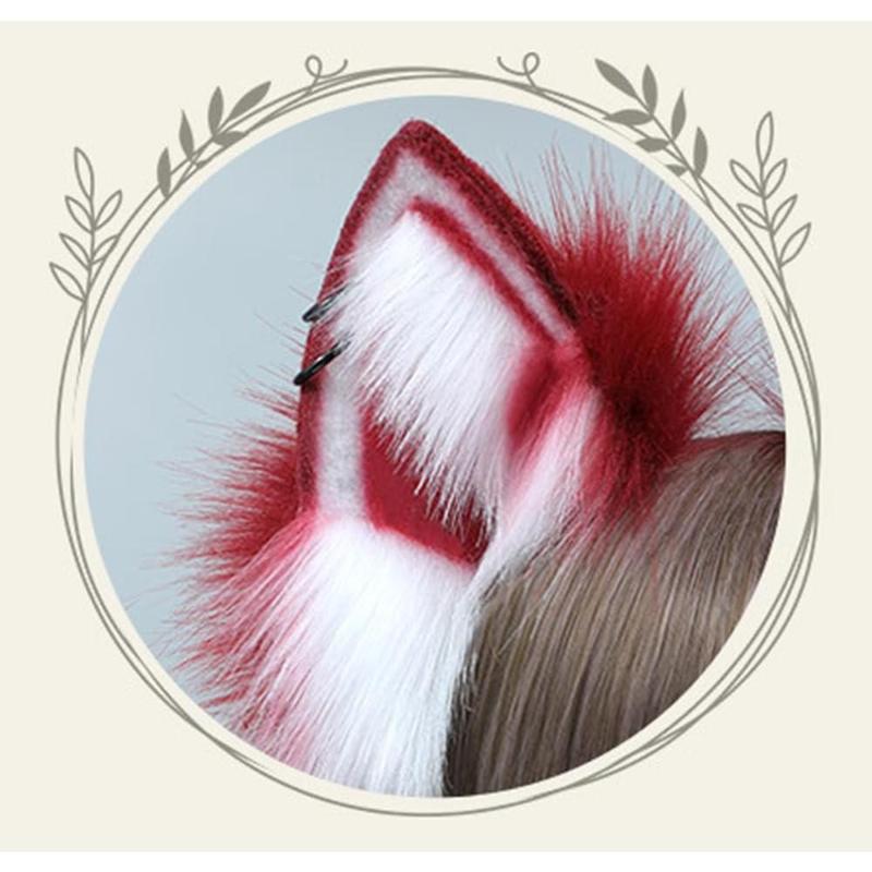 Fox Wolf Cat Ears and Tail Set Wine Red Furry Ears Headband with Tail Animals Ears Tail for Cosplay Costume