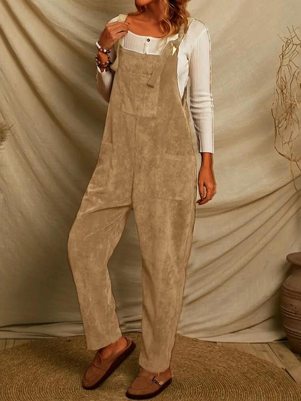 Women's Plain Knot Front Pocket Corduroy Overalls Jumpsuit without Top, Casual Sleeveless Square Neck Overalls  Body Jumpsuits  for Fall & Winter, Women's Jumpsuit for Daily Wear