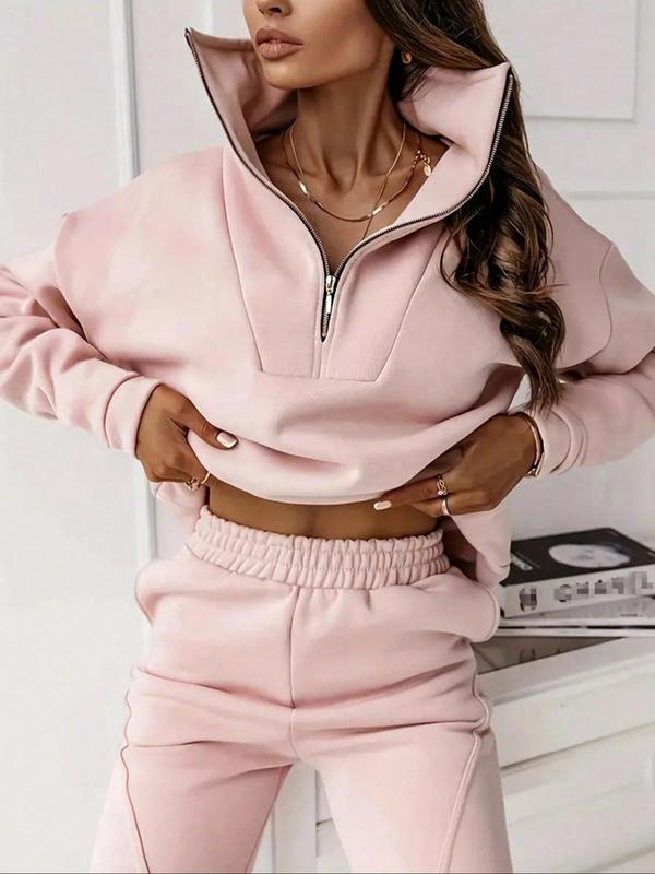 Women's Solid Drop Shoulder Zipper Sweatshirt & Elastic Waist Sweatpants Two-piece Set, Casual Fashion Cozy Two Piece Outfits for Daily Outdoor Wear, Women Clothes for Fall & Winter