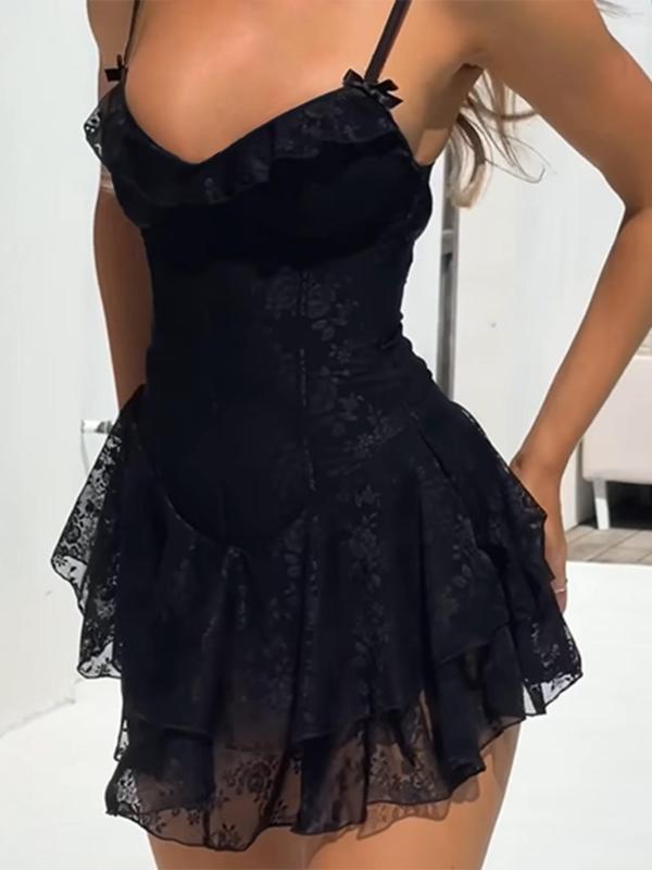 Women's Plain Floral Lace Ruffle Corset Bodycon Cami Dress, Elegant Adjustable Strap Lace Up Backless A Line Dress, Ladies Summer Clothes for Party Dating