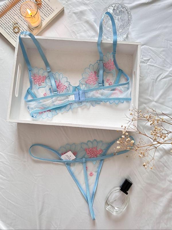 Women's Floral Embroidery Sexy Lingerie Set, Adjustable Spaghetti Strap Bra & Sheer Thong Two-piece Lingerie Wear Set, Lingerie & Underwear Set for All Seasons,  Sleepwear, Nightwear, Sexy Lingeries