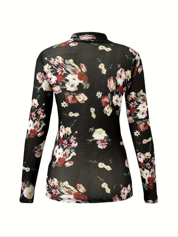 Women's Sexy Floral Print Tight Sheer Mesh Tee, Casual Mock Neck Long Sleeve T-shirt for Spring & Fall, Women's Clothes for Daily Wear