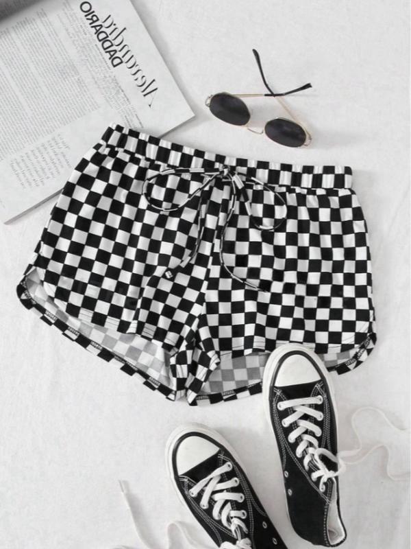 Women's All Over Checkerboard Print Drawstring Waist Shorts, Casual High Waist Straight Leg Shorts for Summer, Fashion Women's Bottoms for Daily Wear