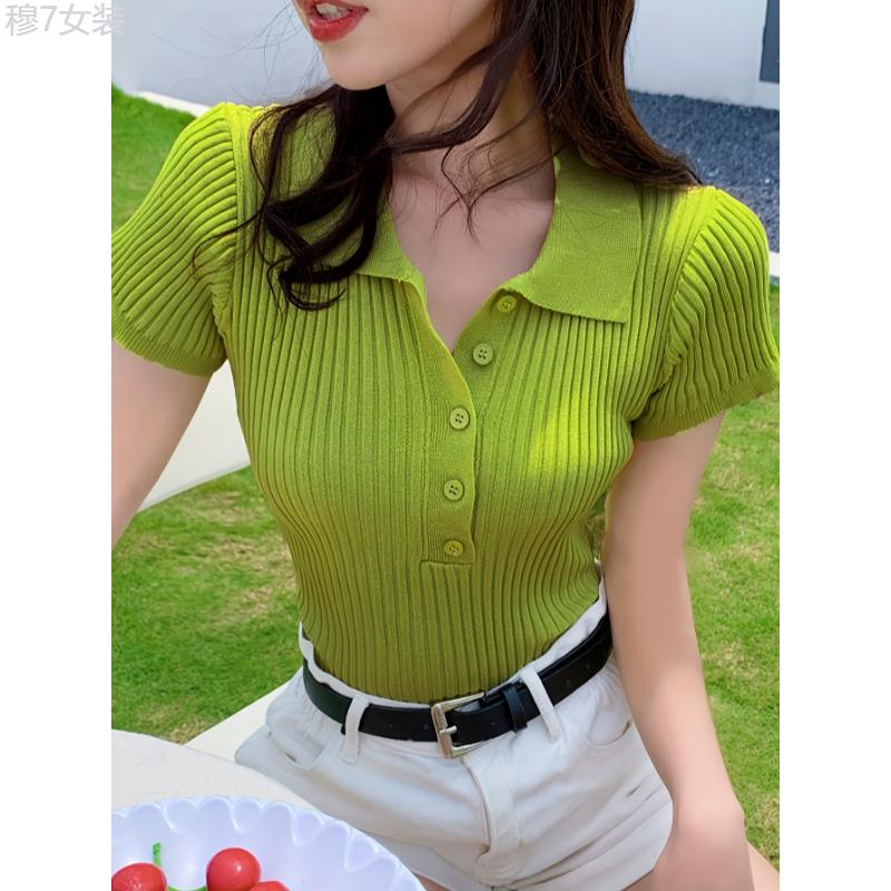 Ribbed Polo Collar Button Front T-Shirt, Casual Short Sleeve Top For Spring & Summer, Women's Clothing Fabric Womenswear