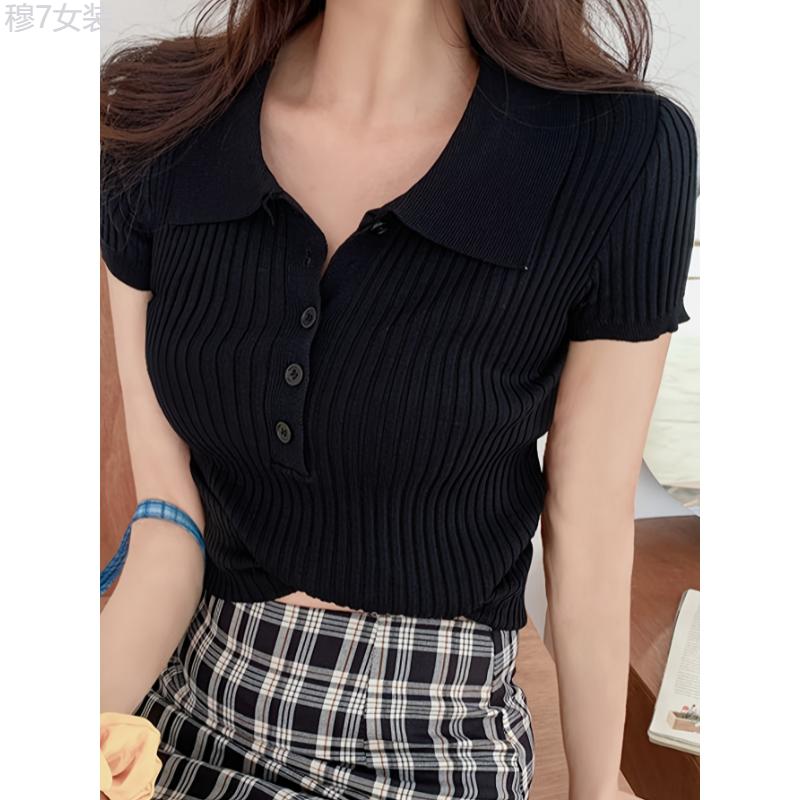 Ribbed Polo Collar Button Front T-Shirt, Casual Short Sleeve Top For Spring & Summer, Women's Clothing Fabric Womenswear