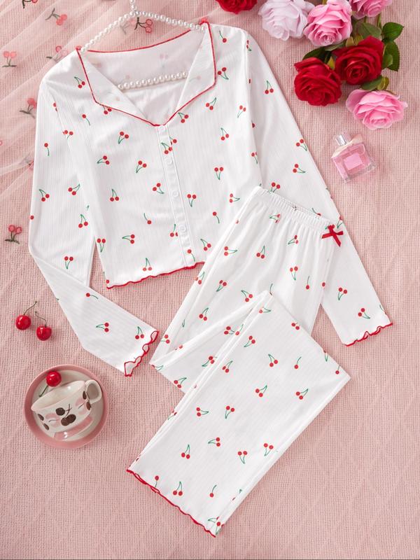 2 Piece Set Women's Cherry Print Lettuce Trim Pyjama Set, Collar V Neck Button Decor Crop Top & Bow Front Pants Pj Sets for Women, Comfy Sleepwear Set for Spring & Fall