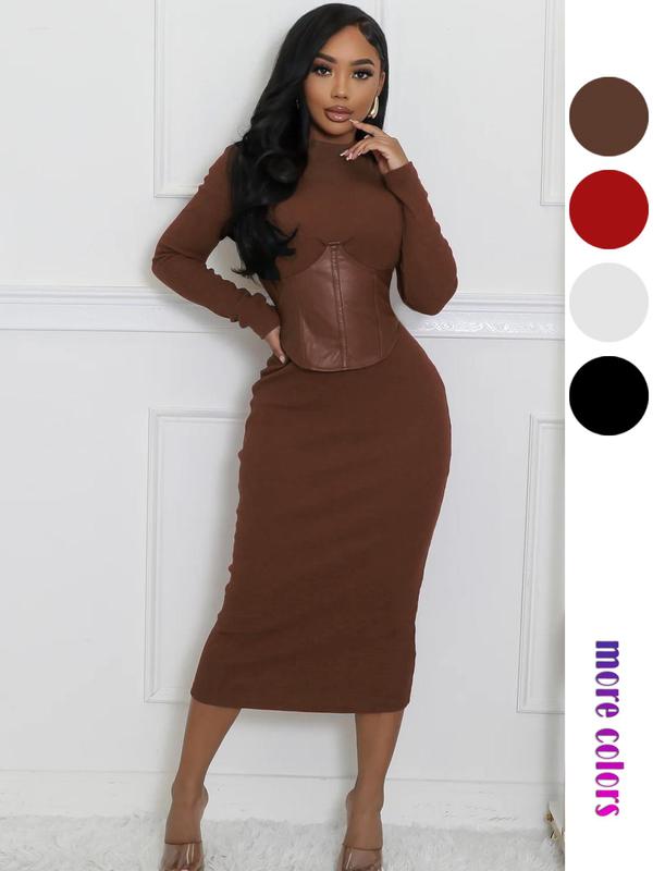 Christmas Deals, Women's Corset Zipper Back Bodycon Dress, Casual Long Sleeve Stand Collar Dress for Daily Wear, Women's Clothing for Fall & Winter, Christmas 2024 Trend, Fall & Winter Clothes