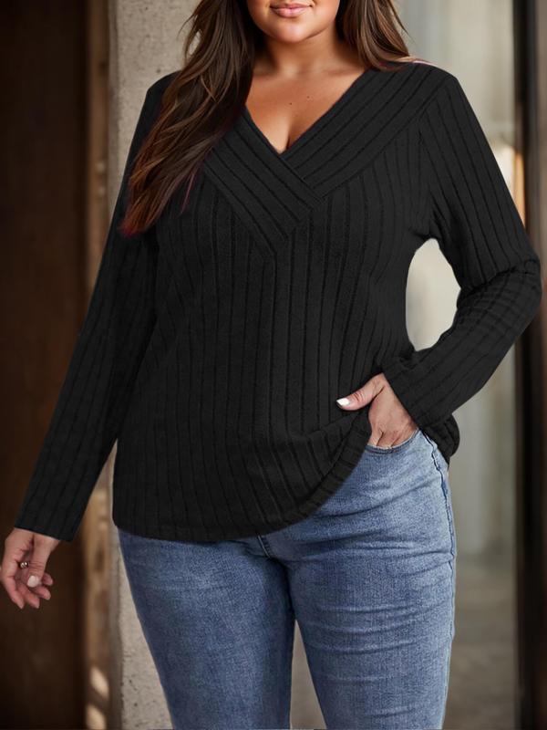 Plus Size Solid V Neck Ribbed Sweater Pullover, Casual Long Sleeve Jumper for Fall & Winter, Women's Plus Clothing for Daily Wear