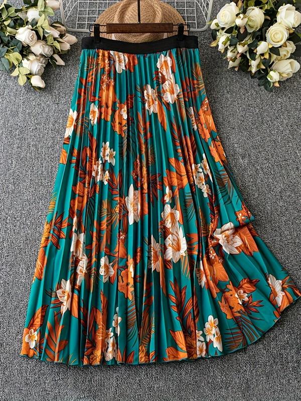 Women's Floral Print Pleated Skirt, Boho High Waist Long Skirt for Beach Holiday Vacation, Ladies All Seasons Clothes